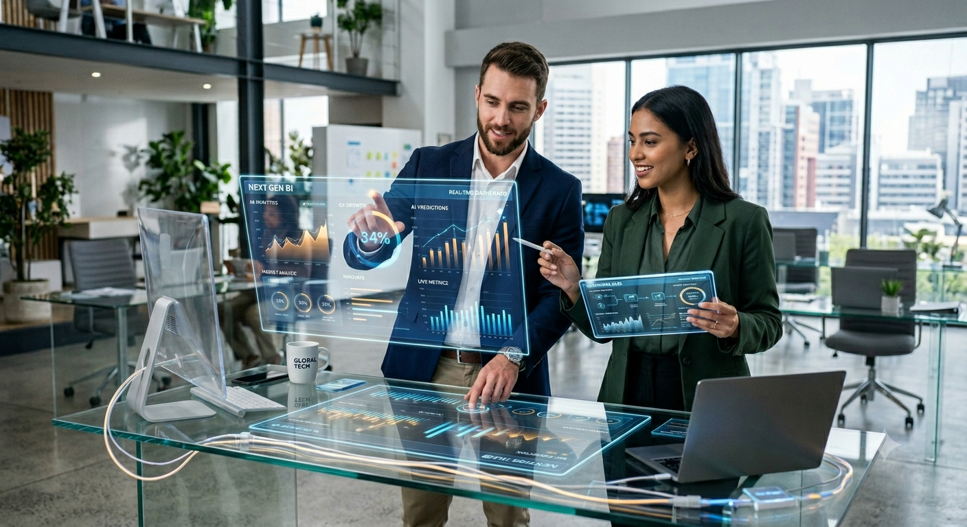 Empresarios digitales colaborando en una mesa de trabajo